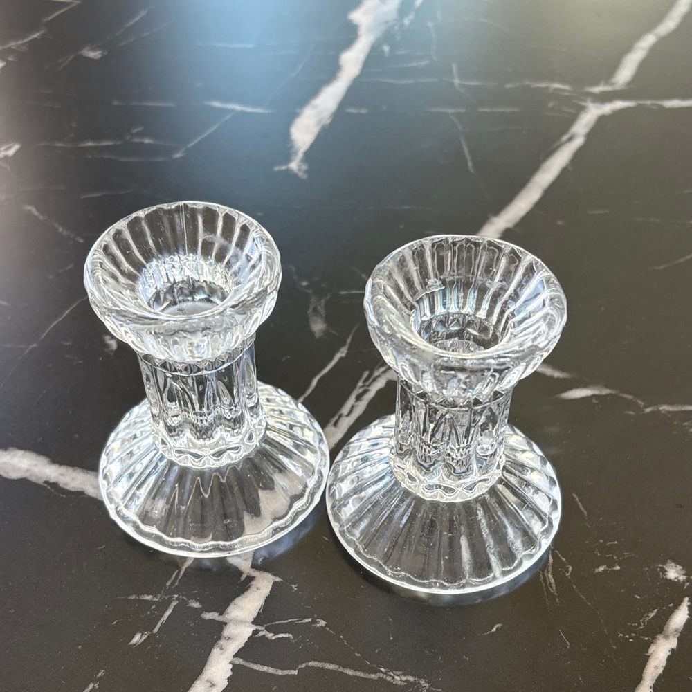 Clear Glass Ribbed Taper Candle Holders - Set of 2